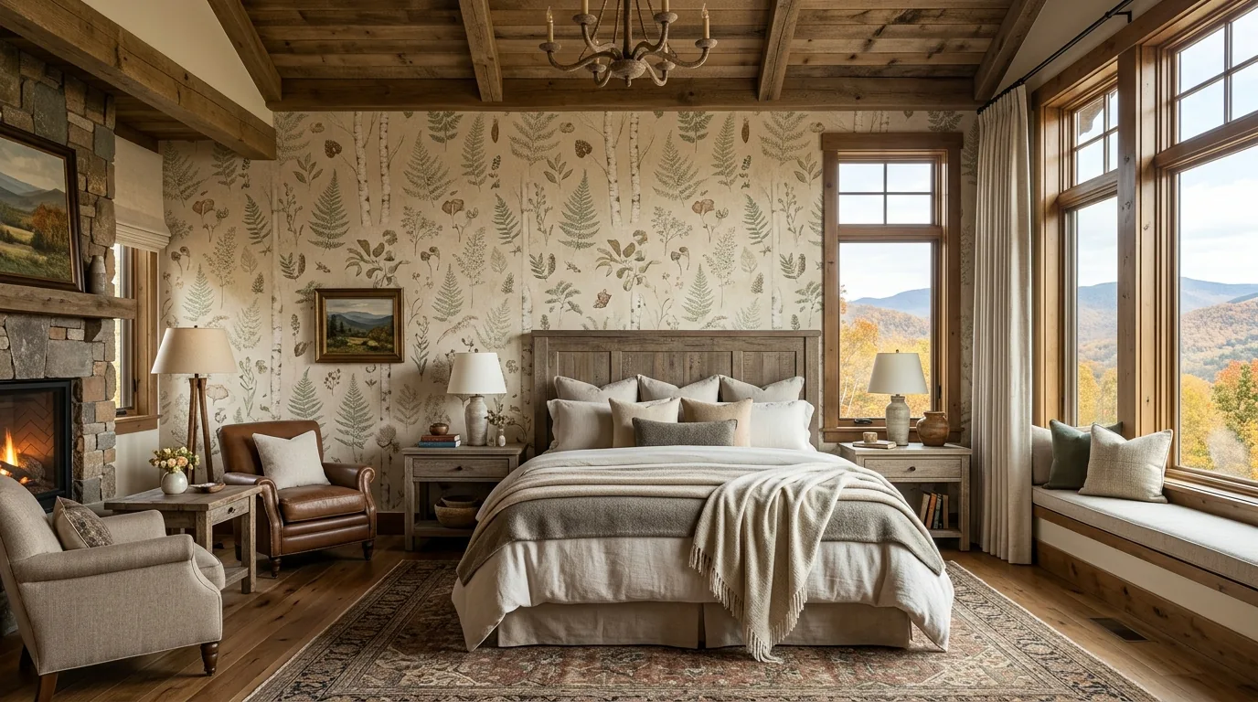 Botanical wallpaper in a warm Banner Elk bedroom