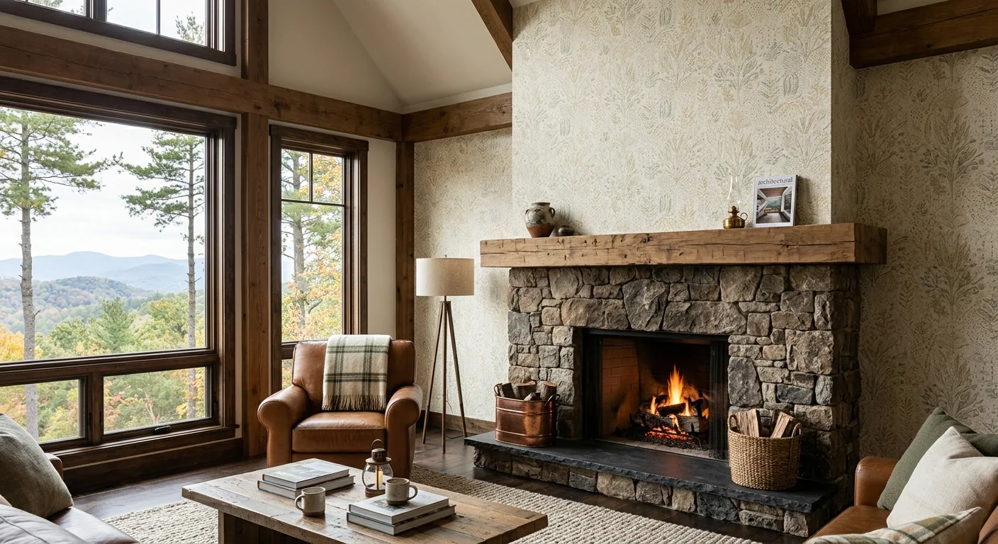 Patterned walls and stone fireplace in a Beech Mountain home