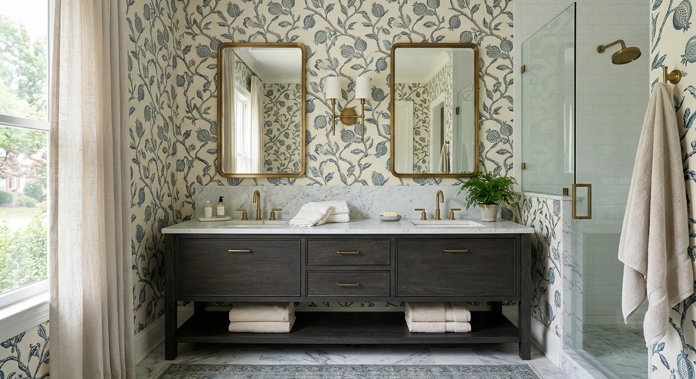 Botanical wallpaper in a Charlotte bathroom