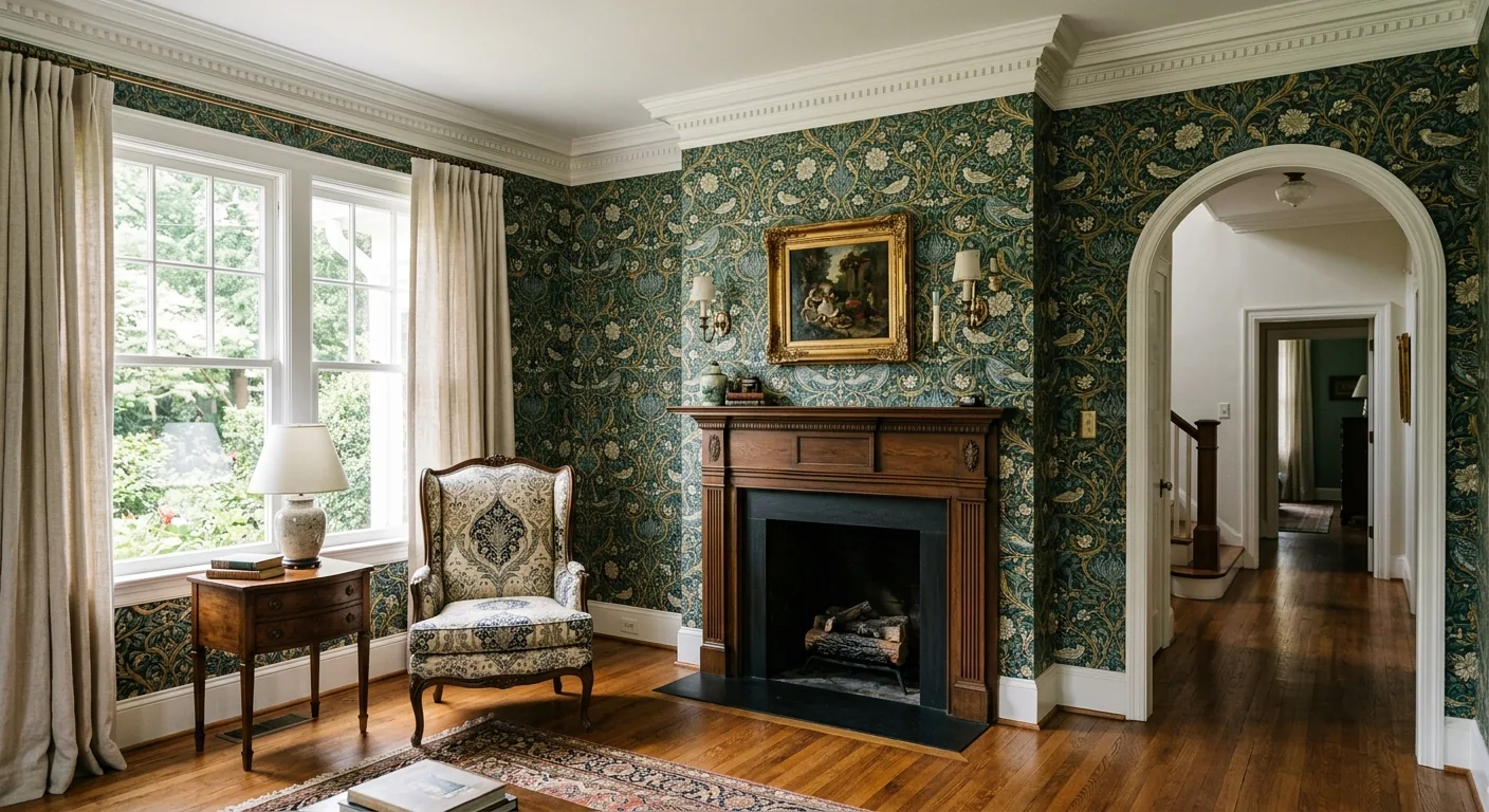 Deep green wallpaper in a classic Charlotte living room