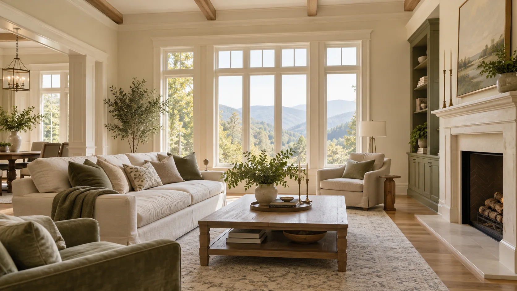 Elegant high-end living room with warm painted walls and mountain views